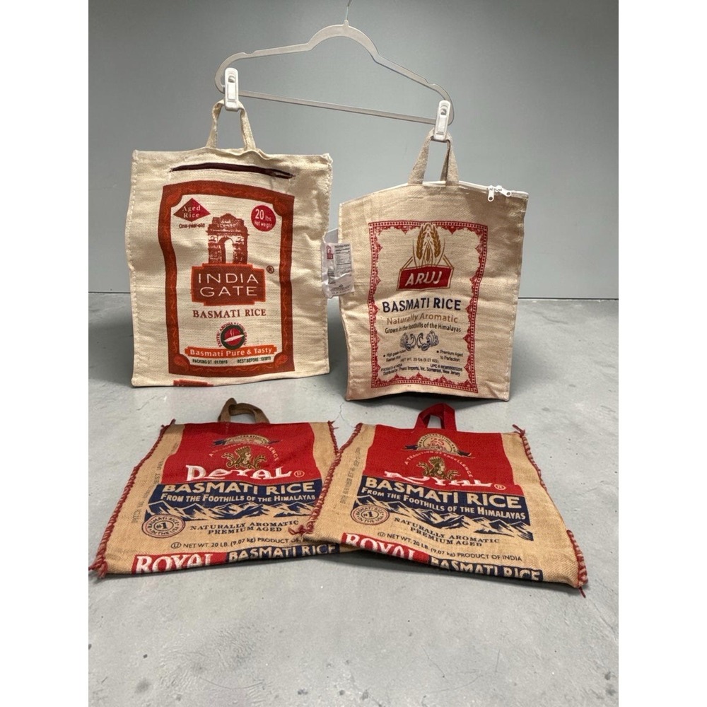 Lot of 4 Royal Basmati Aruj India Gate Burlap Rice Bags Sacks ONLY Zipper Handle